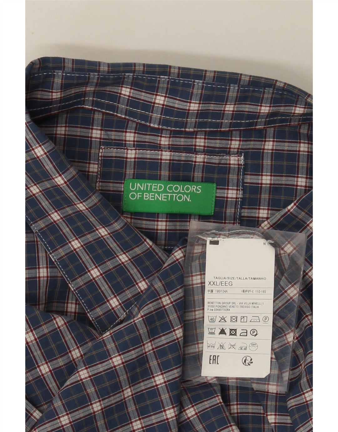 Мужская рубашка Benetton 2XL, темно-синяя клетка, хлопок