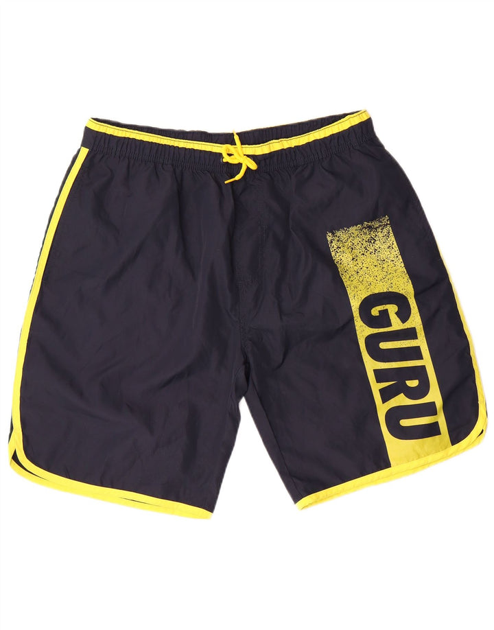 GURU Mens Graphic Swimming Shorts Large  Navy Blue Polyester
