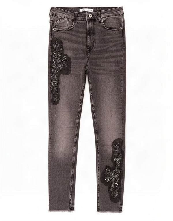 Женские укороченные джинсы скинни Zara EU 38, маленькие W28 L25, серые с цветочным принтом