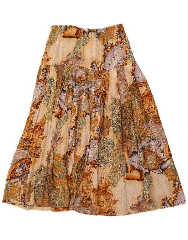 Винтажная женская расклешенная юбка с графическим рисунком XL W34, бежевая вискоза с цветочным принтом