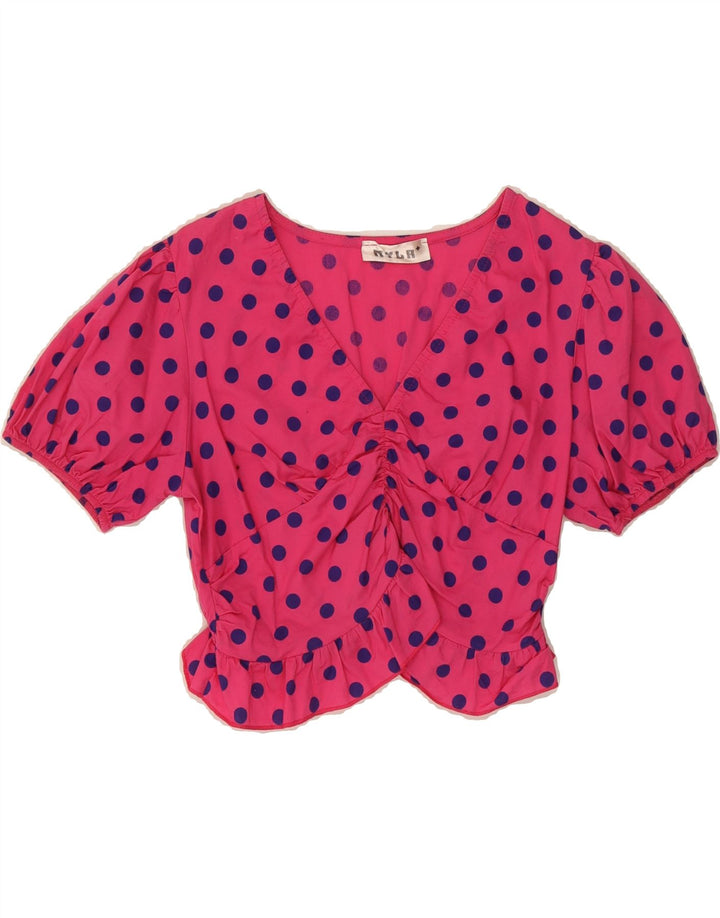VINTAGE Womens Crop Blouse Top UK 12 Medium Pink Polka Dot Vintage Vintage and Second-Hand Vintage from Messina Hembry 
