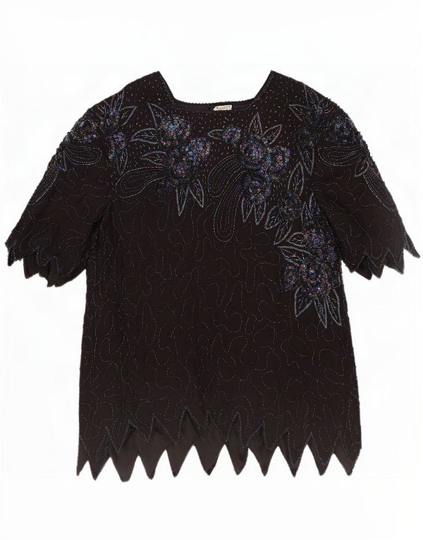 Vintage Womens Evening Blouse Top UK 18 XL Black Floral Silk