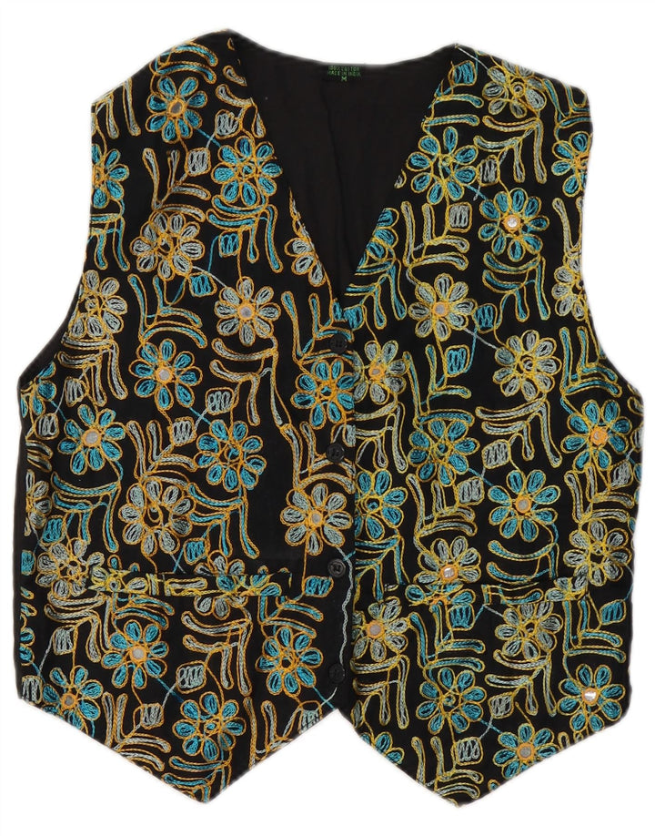 ВИНТАЖНЫЙ женский жилет UK 14, хлопковый средний черный цвет с цветочным принтом