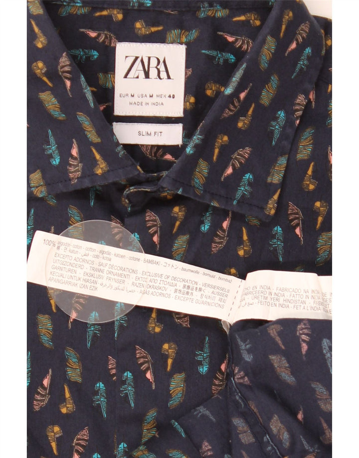Мужская рубашка узкого кроя с абстрактным узором Zara среднего темно-синего цвета