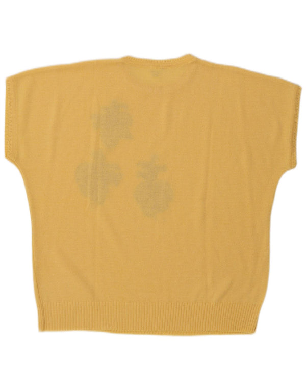 Винтажный женский джемпер с короткими рукавами и круглым вырезом, свитер EU 44 XL, желтый цветочный принт