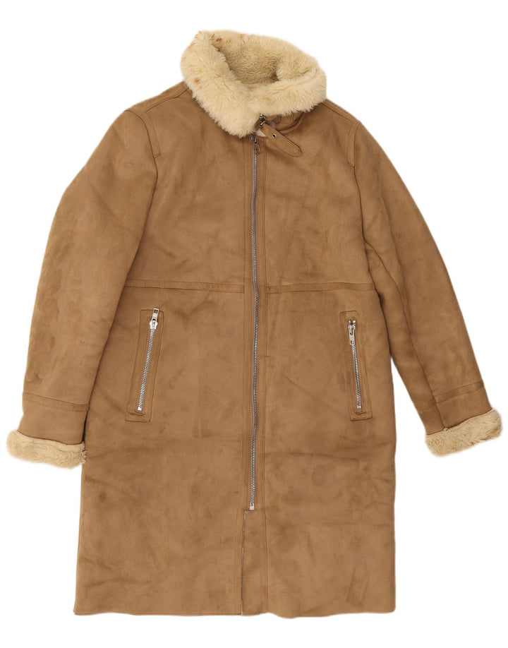 Женское пальто Zara Sherpa UK 14, средний бежевый полиэстер