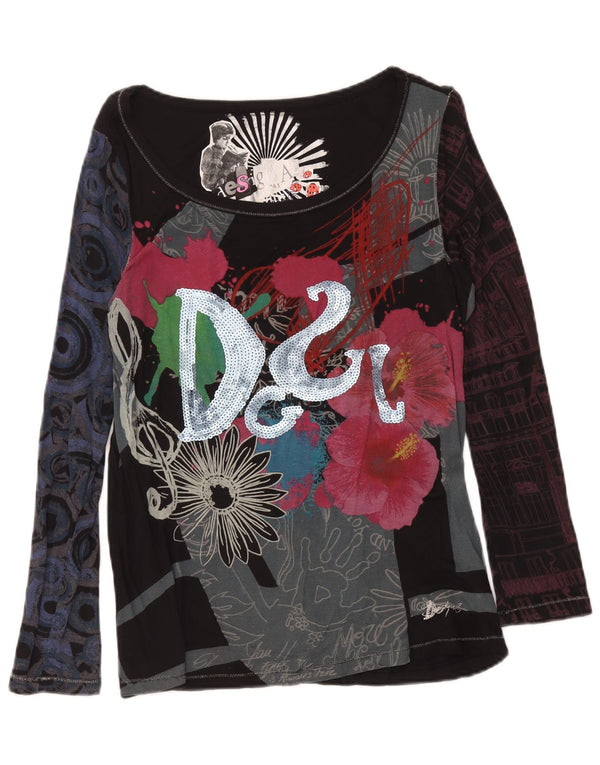 Женский топ Desigual с длинным рукавом и рисунком, UK 14, средний черный, вискоза с цветочным принтом