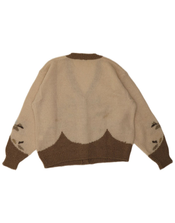 Vintage Womens Cardigan Sweater UK 16 Large Beige Floral Acrylic