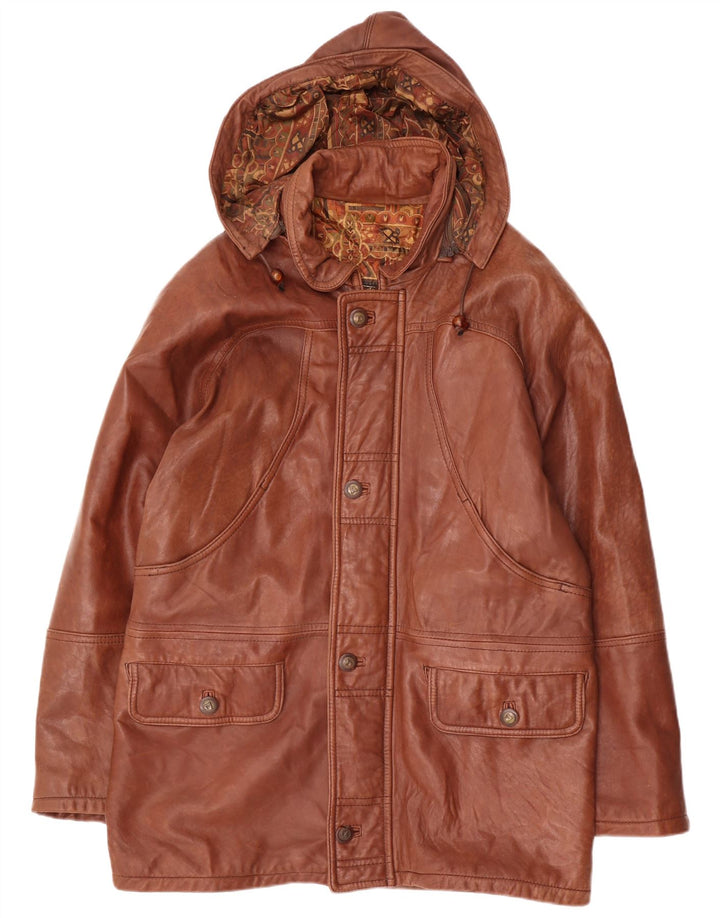 Vintage Mens Hooded Leather Coat IT 54 2XL Brown Leather