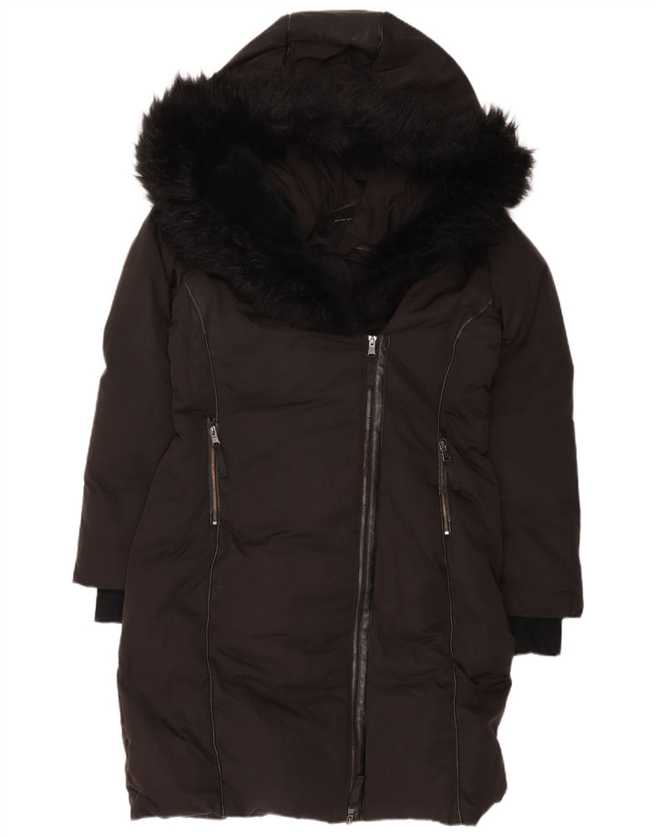 Женское стеганое пальто с капюшоном Zara UK 14, средний черный полиэстер