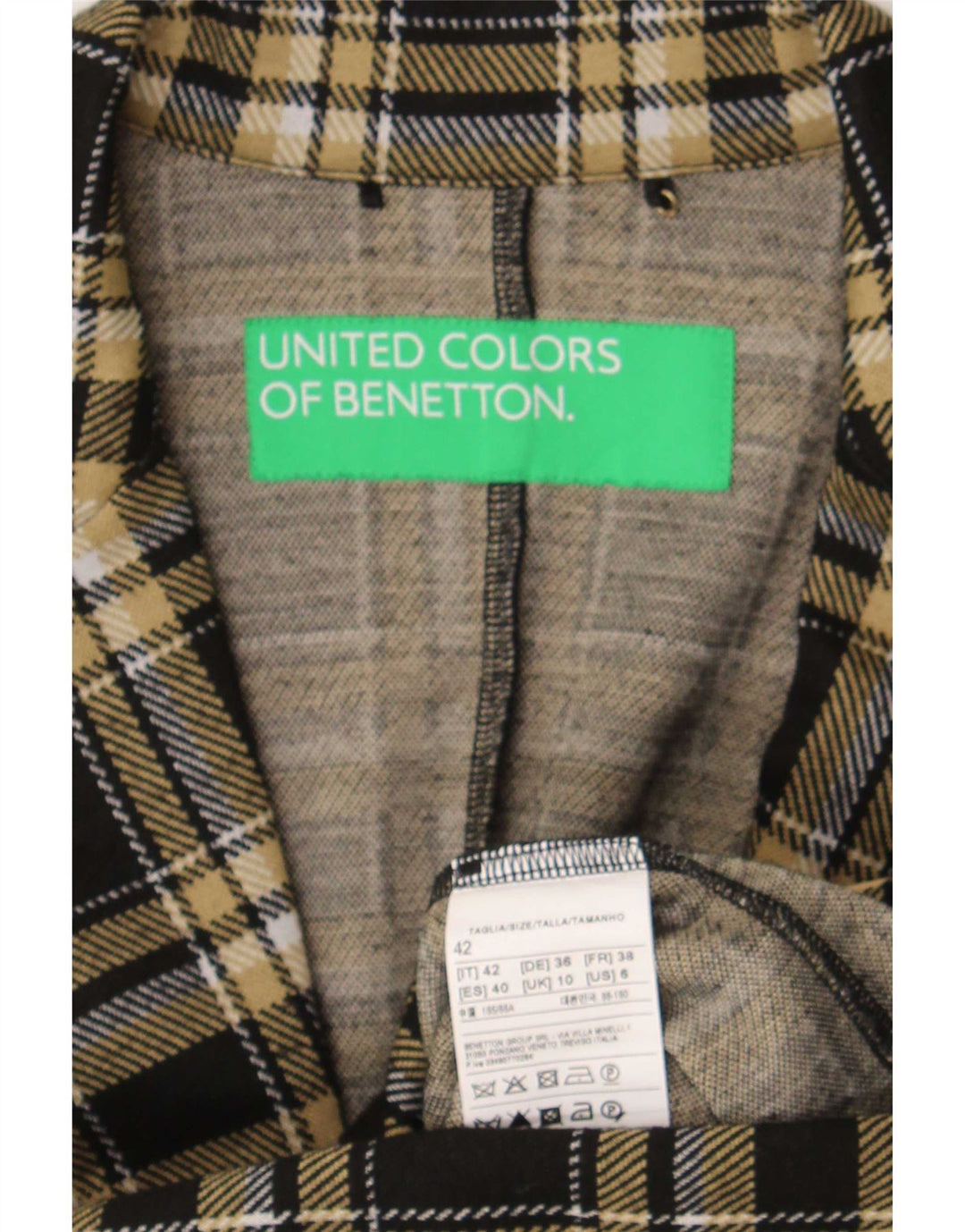 Женский пиджак Benetton на 1 пуговице UK 10, маленький черный полиэстер в клетку