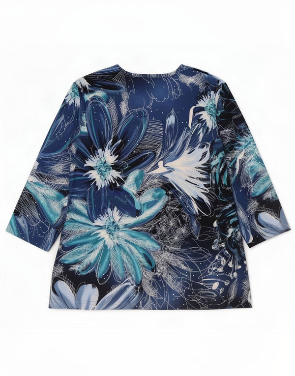 Винтажный женский топ с рукавом 3/4, Великобритания 16, большой синий цветочный