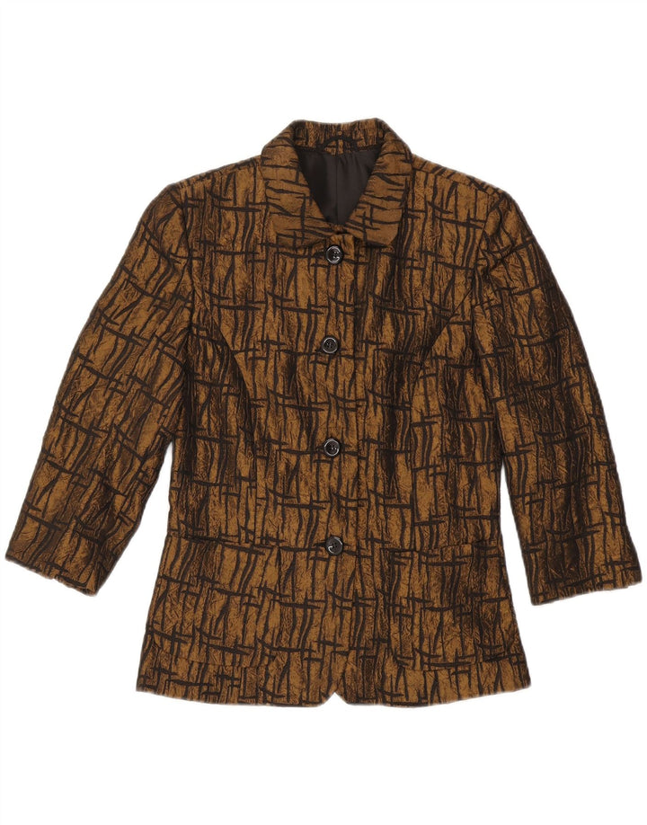 ВИНТАЖНЫЙ женский пиджак с рукавом 3/4, Великобритания 10, маленький коричневый с геометрическим узором