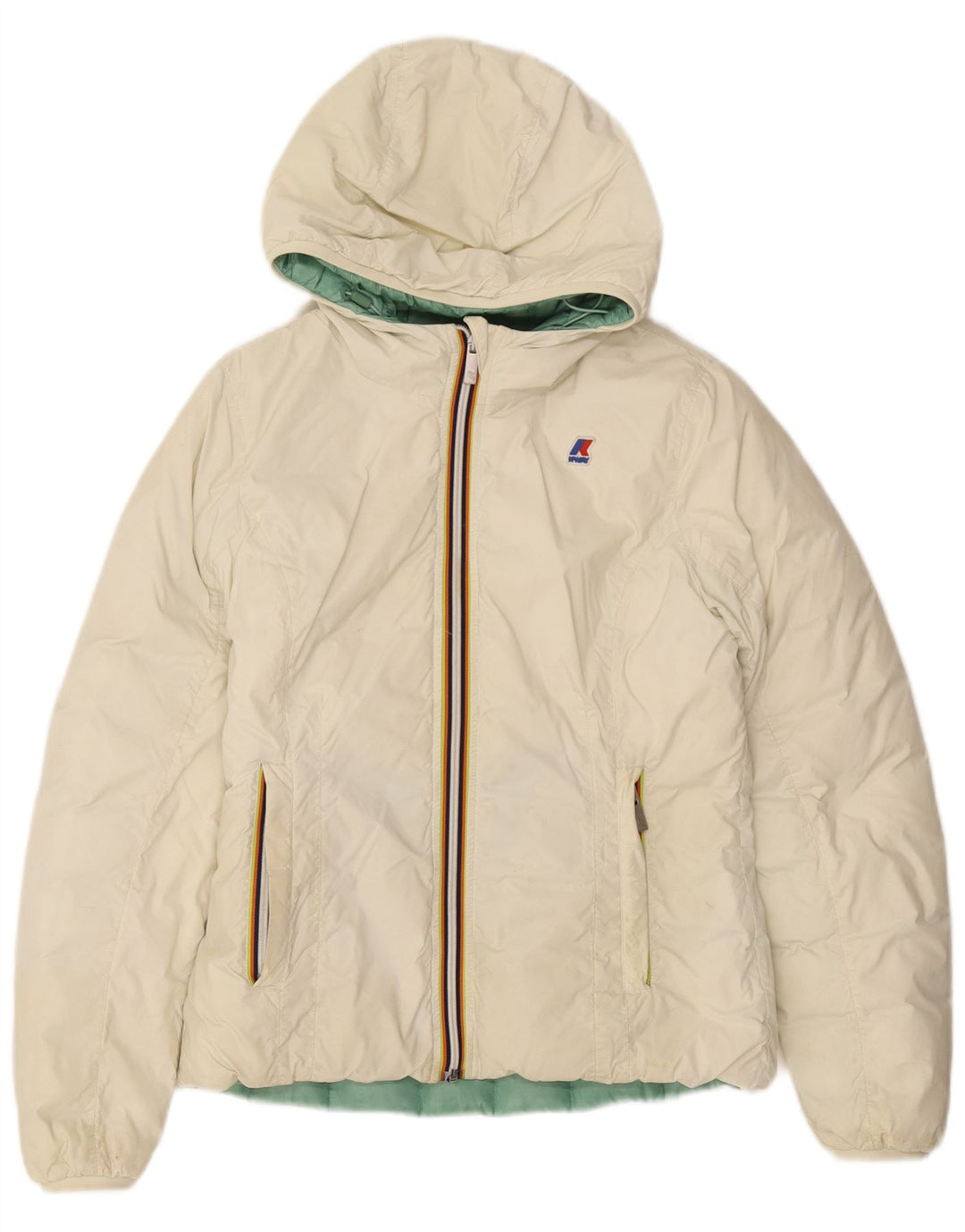 Двусторонняя утепленная куртка K-Way для девочек с капюшоном, скидка 11–12 лет, белый полиамид