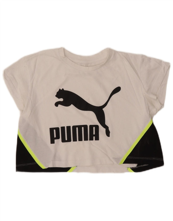 Женская укороченная футболка оверсайз с графическим рисунком PUMA UK 2 2XS белая с цветными блоками