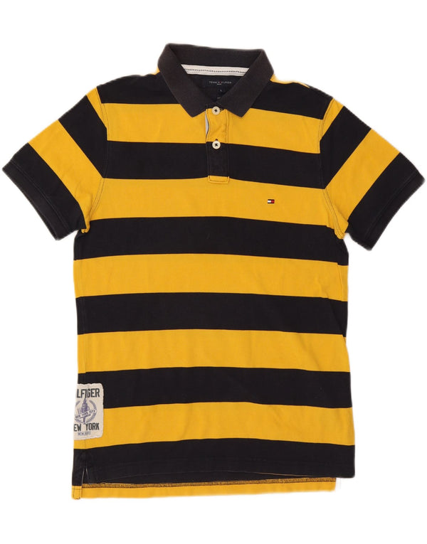 TOMMY HILFIGER Mens Slim Fit Polo Shirt Large Yellow Striped Cotton