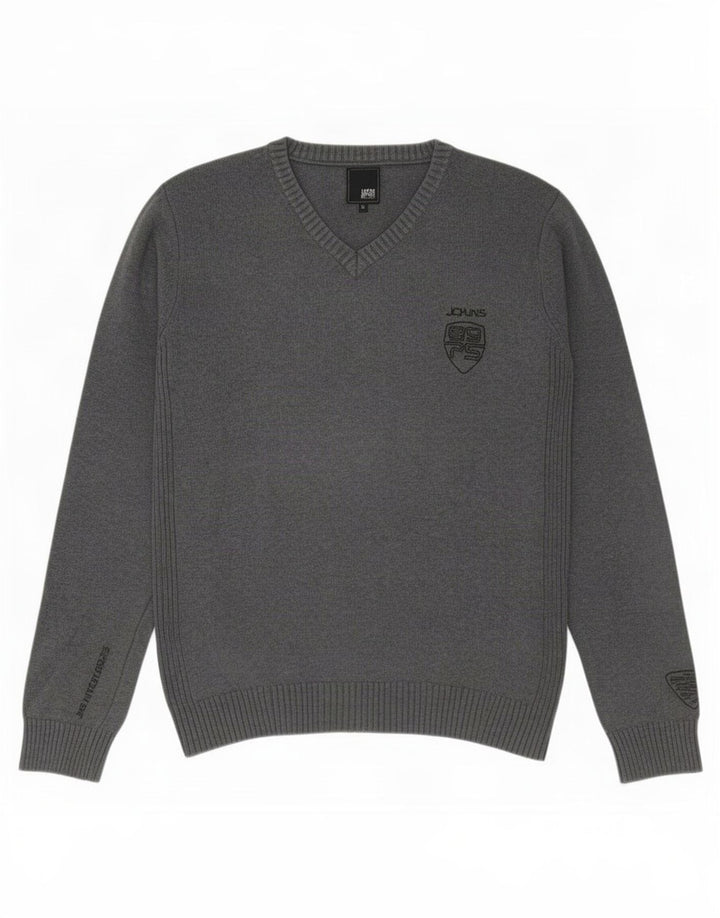 Мужской джемпер с v-образным вырезом Jack & Jones, средний серый хлопковый свитер