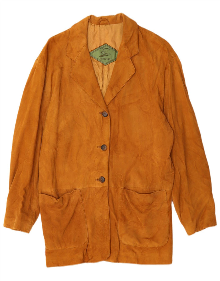 Винтажный женский кожаный пиджак на 3 пуговицах, Великобритания 14, кожа среднего коричневого цвета