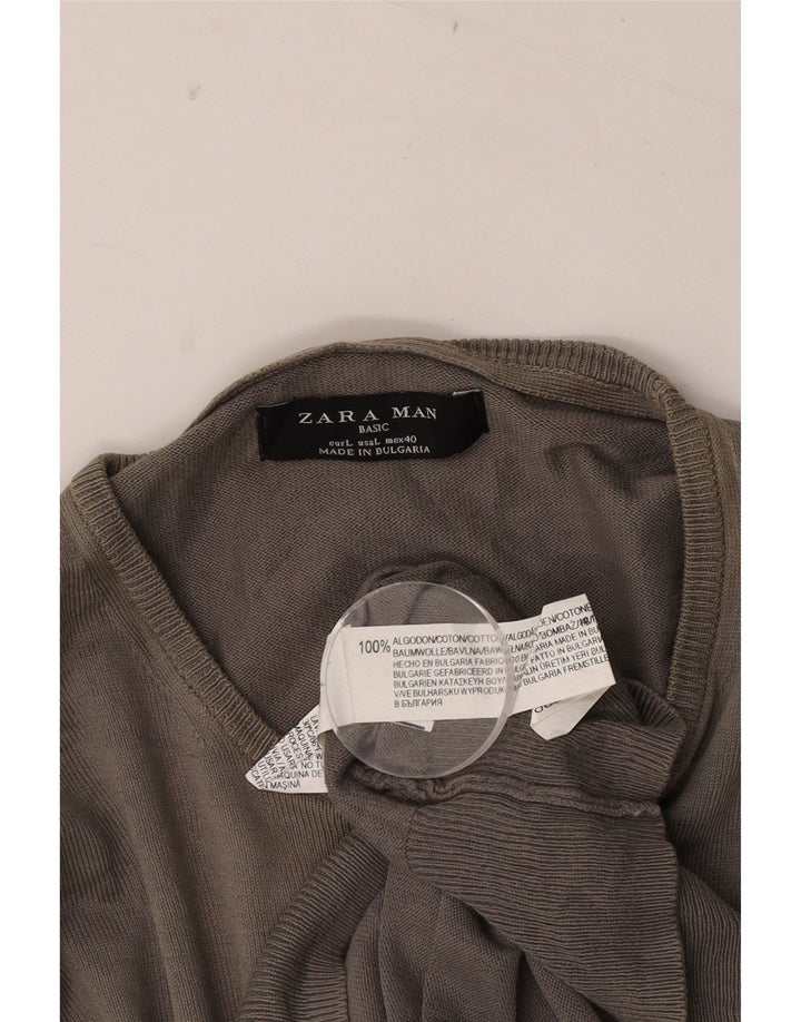 Мужской джемпер с круглым вырезом Zara, большой серый хлопковый свитер