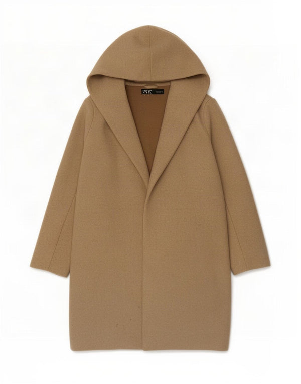 Zara Womens Oversized Hooded Open Overcoat UK 14 Medium Beige Polyester