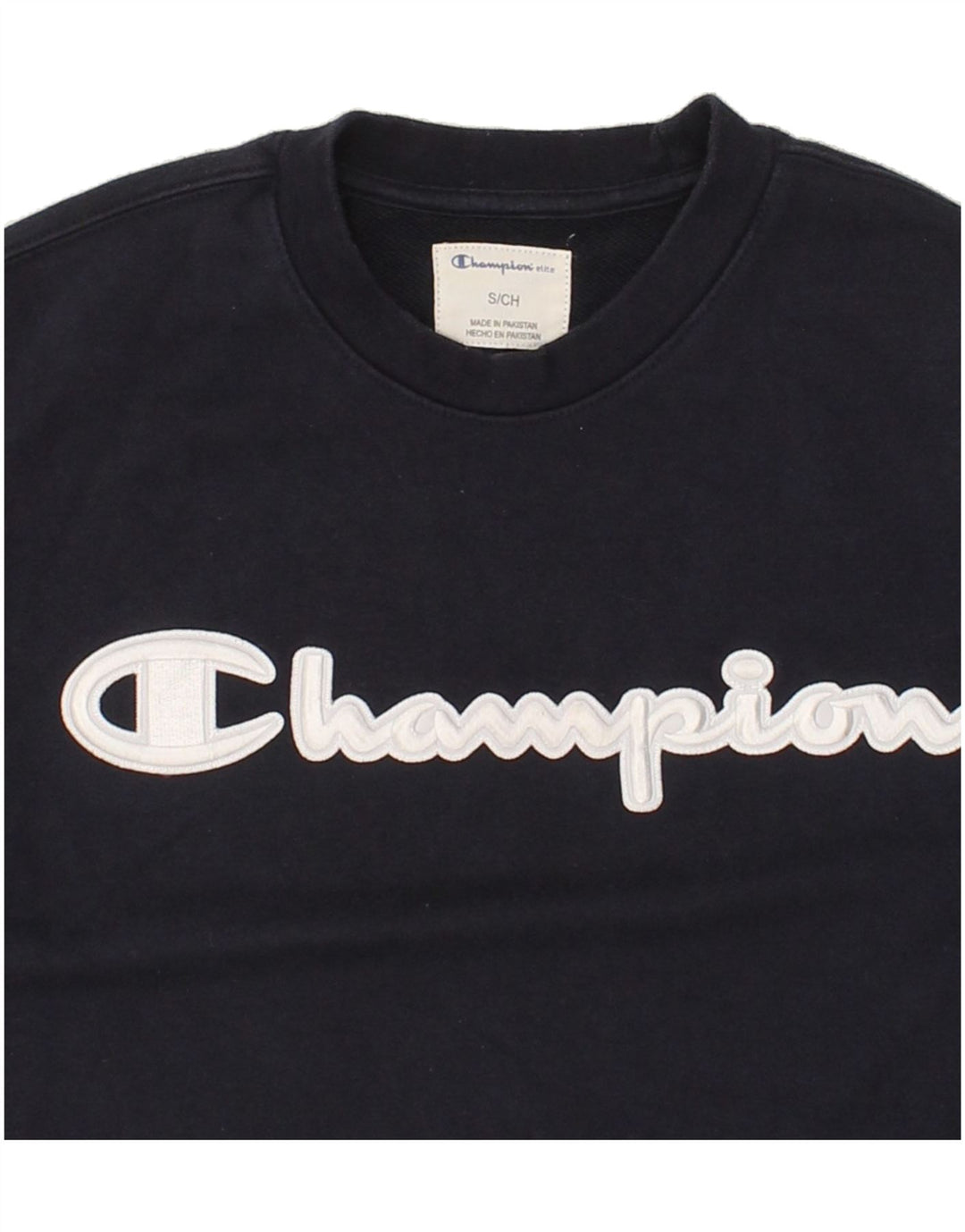CHAMPION Mens Graphic Sweatshirt Jumper Small Navy Blue Cotton Vintage Champion and Second-Hand Champion from Messina Hembry 