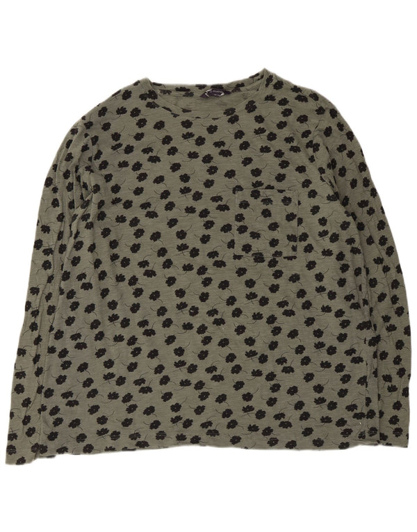 Marks & Spencer Womens Top Long Sleeve UK 16 Large Khaki Floral Cotton