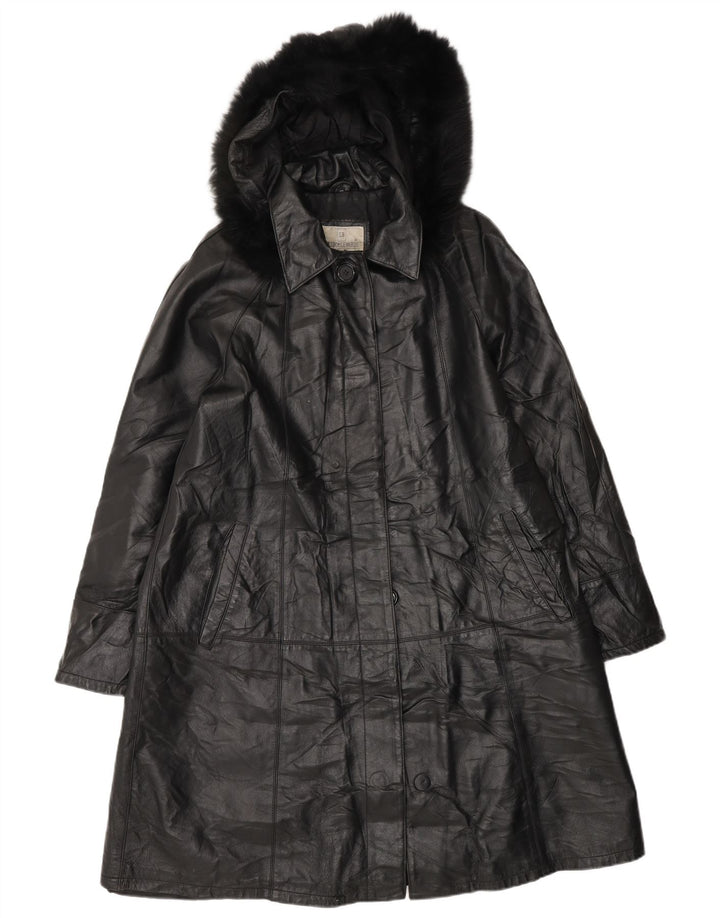 LESBOULEVARDS Womens Hooded Leather Coat IT 40 Small Black Leather