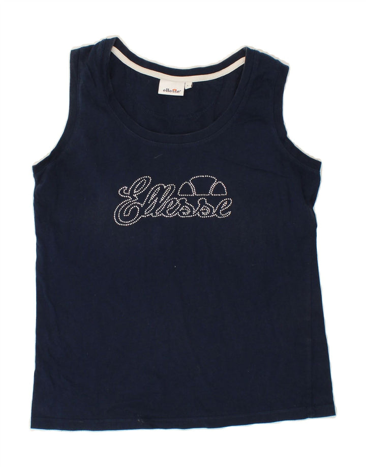 ELLESSE Womens Graphic Vest Top UK 14 Large Navy Blue Vintage Ellesse and Second-Hand Ellesse from Messina Hembry 