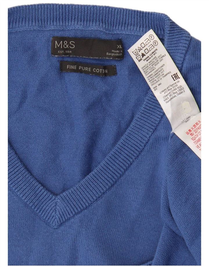 Мужской джемпер с v-образным вырезом Marks & Spencer XL, синий хлопок, классический