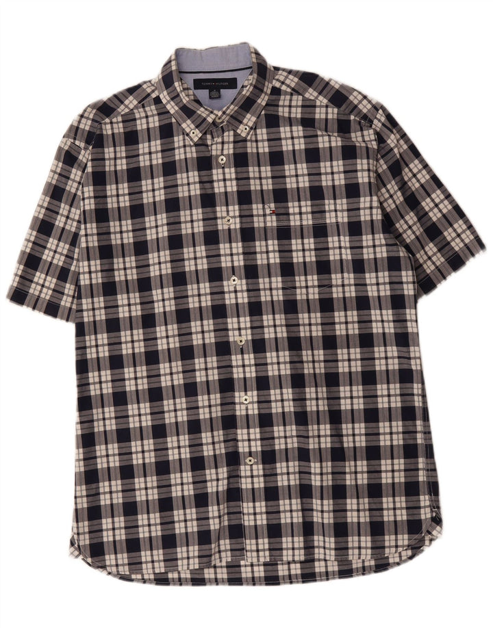 TOMMY HILFIGER Mens Short Sleeve Shirt Medium Navy Blue Check