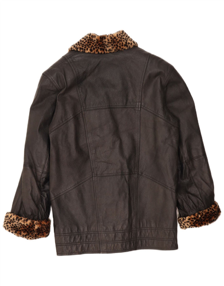 ВИНТАЖНОЕ женское кожаное пальто оверсайз UK 10 маленькое черное с животным принтом