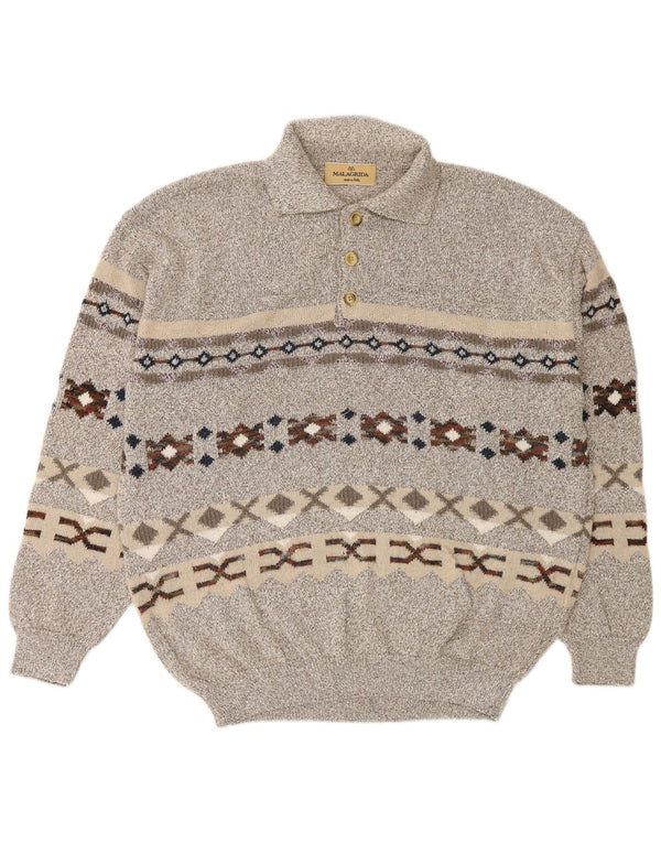 Malagrida Mens Polo Neck Jumper Sweater Large Grey Fair Isle Cotton