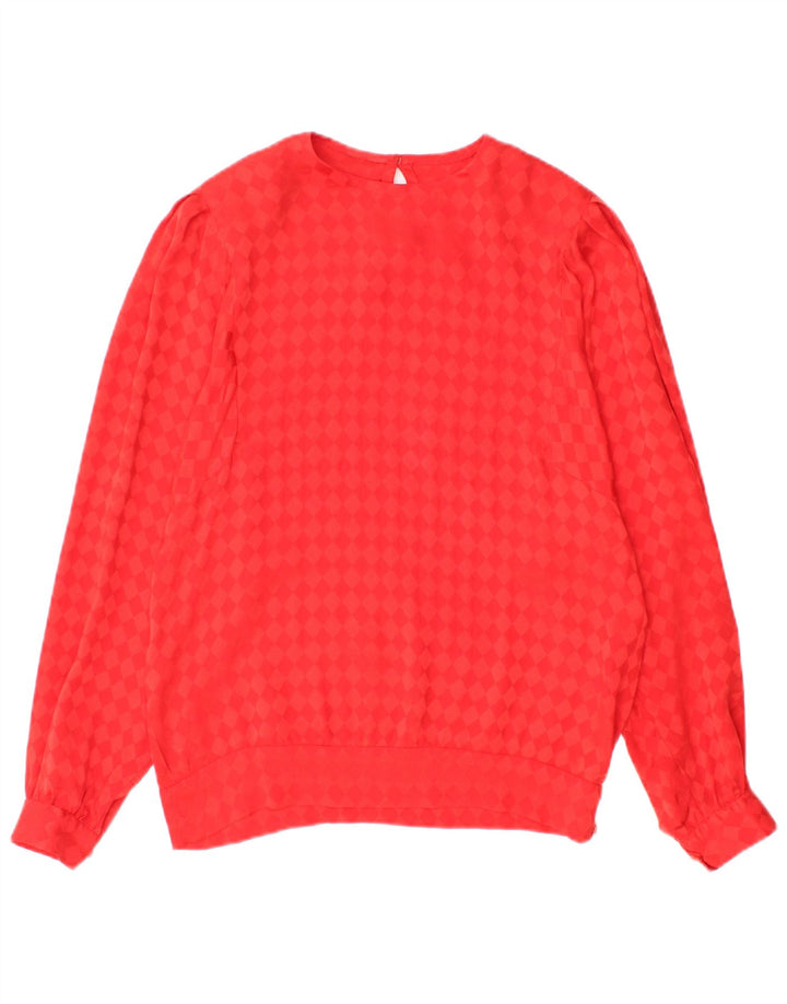 Винтажная женская блузка с длинным рукавом, топ UK 12, средний красный с узором аргайл/бриллиант