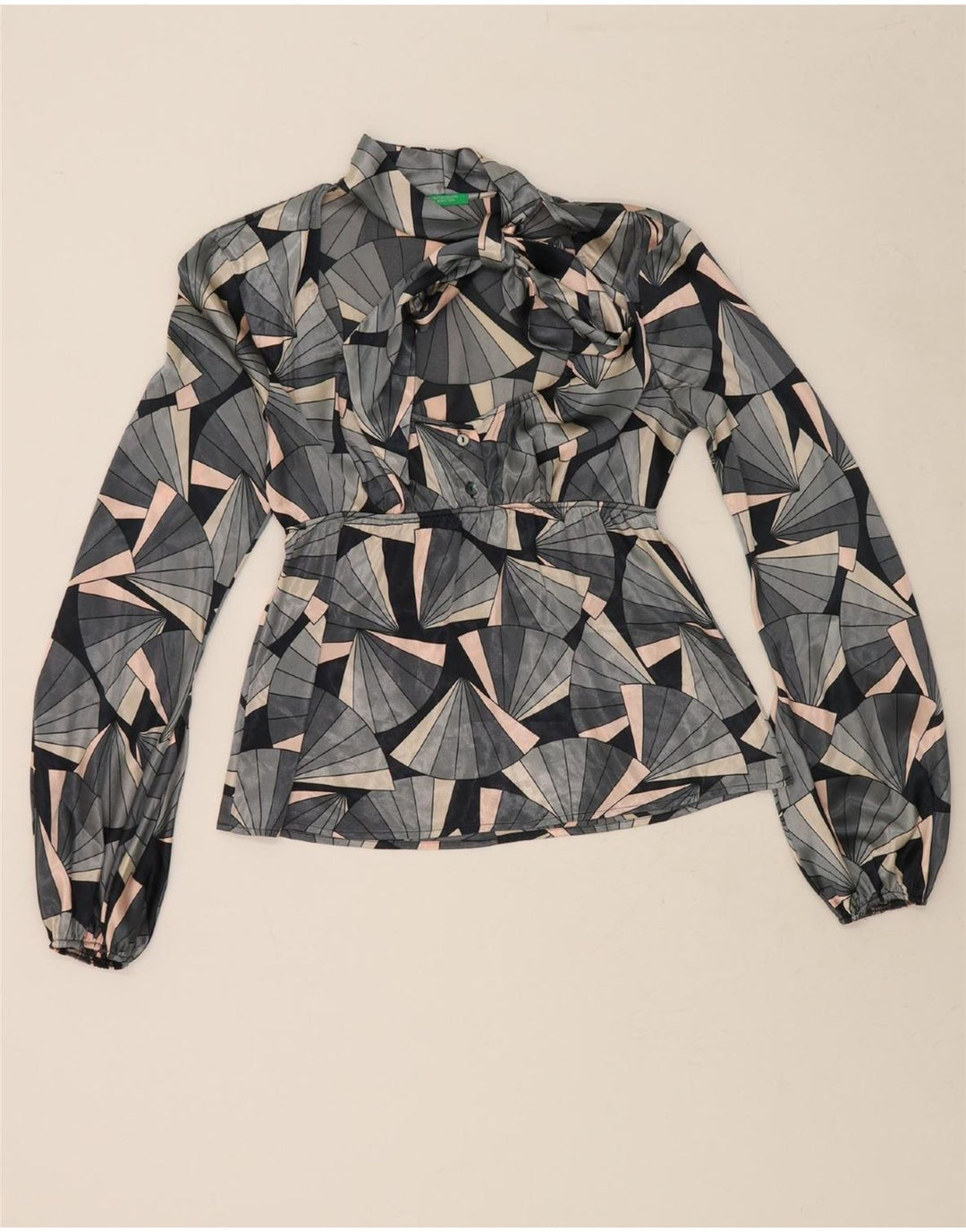 BENETTON Womens Long Sleeve Blouse Top UK 12 Medium Grey Geometric Vintage Benetton and Second-Hand Benetton from Messina Hembry 