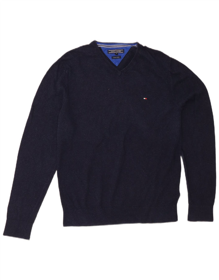 TOMMY HILFIGER Mens V-Neck Jumper Sweater Medium Navy Blue Cotton