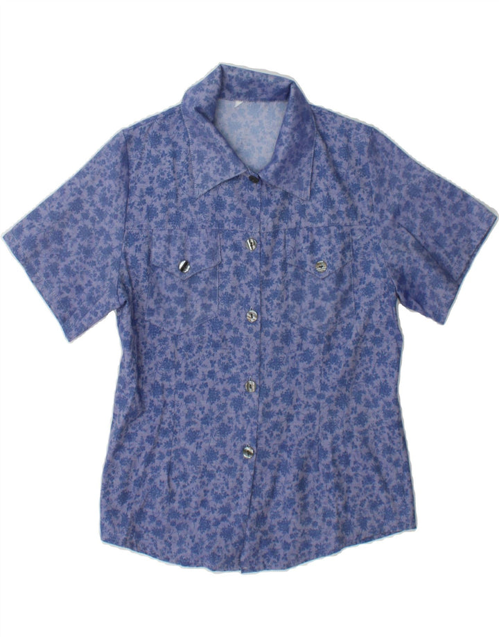 VINTAGE Womens Short Sleeve Shirt UK 12 Medium Blue Floral Vintage Vintage and Second-Hand Vintage from Messina Hembry 