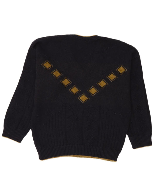 Cabrini Mens V-Neck Jumper Sweater Large Navy Blue Argyle/Diamond Wool