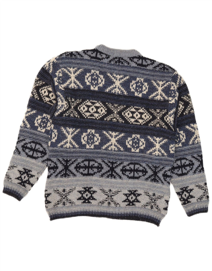 Винтажный мужской джемпер с круглым вырезом IT 48, средний синий, шерсть Fair Isle