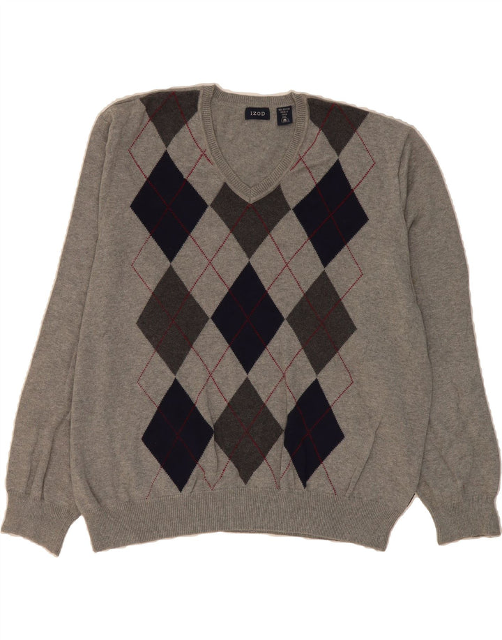 IZOD Mens V-Neck Jumper Sweater 2XL Grey Argyle/Diamond Cotton Vintage Izod and Second-Hand Izod from Messina Hembry 