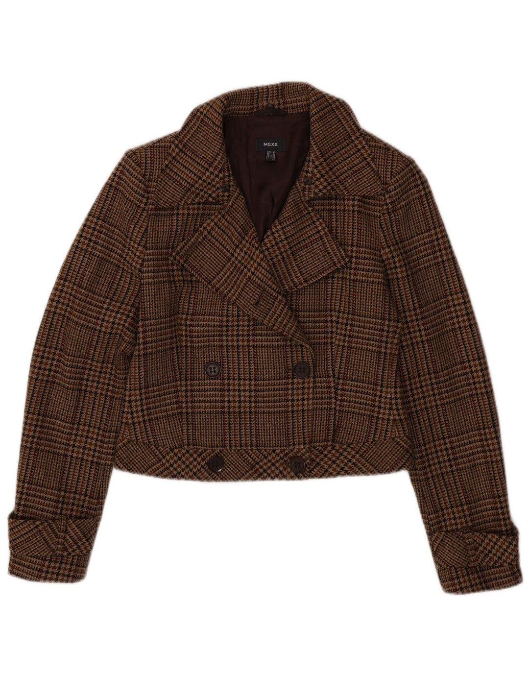 Женское укороченное полупальто Mexx UK 14, большой коричневый цвет с узором «гусиные лапки» из натуральной шерсти