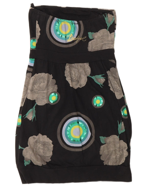 Женское платье без бретелек с рисунком Desigual UK 8, маленькое черное хлопковое платье с цветочным принтом