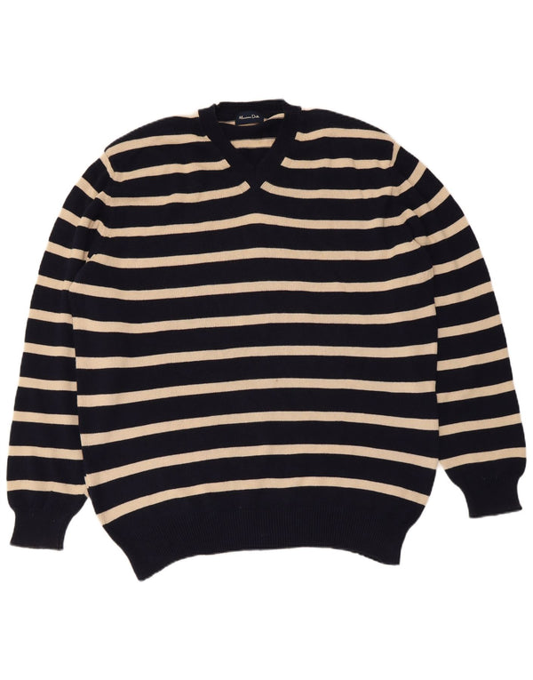 MASSIMO DUTTI Мужской джемпер с v-образным вырезом XL, темно-синий в полоску, хлопок