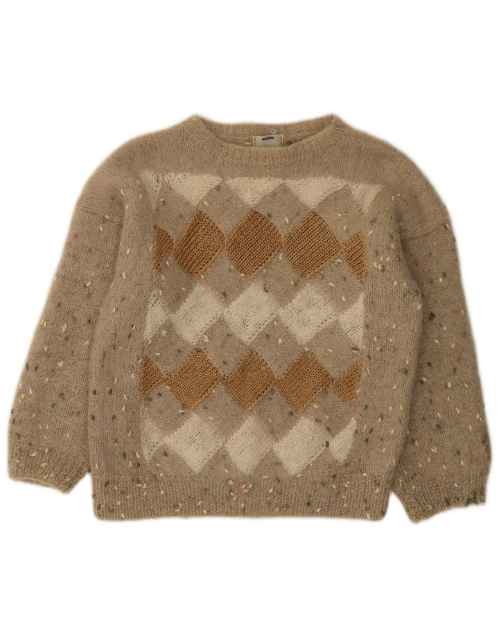 Винтажный женский джемпер с вырезом «лодочка», Великобритания, 12, средний, бежевый с узором аргайл/бриллиант