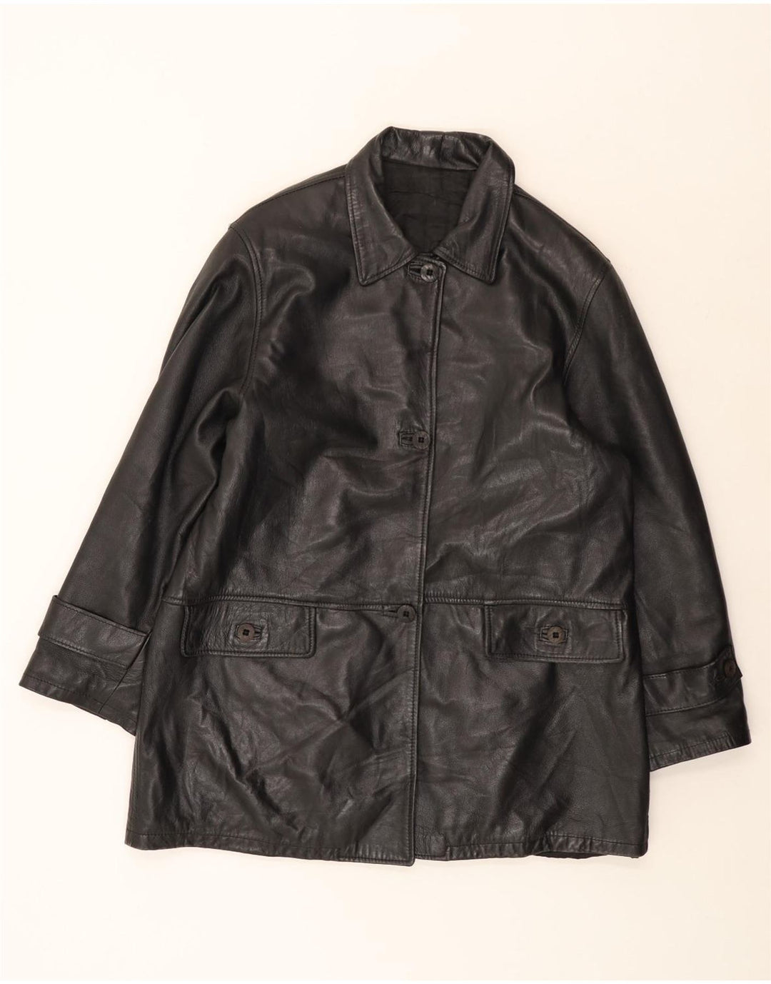 Винтажное женское кожаное пальто IT 46 большое черное