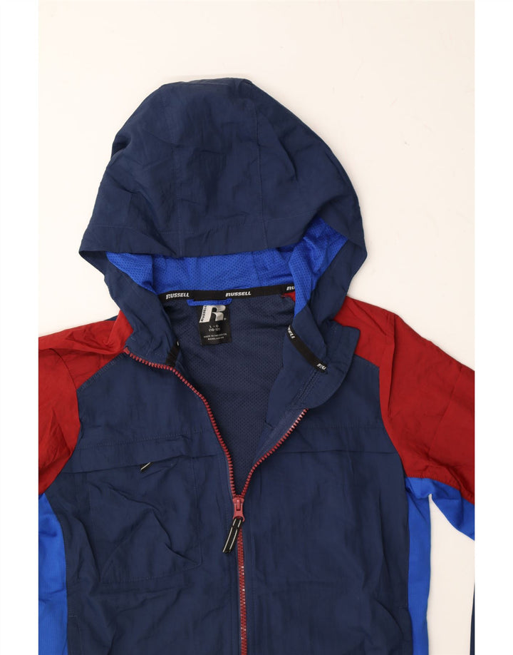 RUSSELL ATHLETIC Boys Rain Jacket 10-11 Years Large Navy Blue Colourblock Vintage Russell Athletic and Second-Hand Russell Athletic from Messina Hembry 
