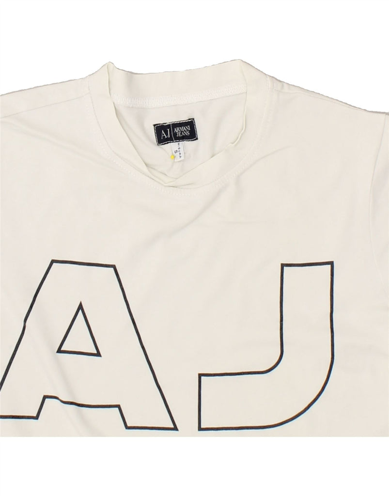 ARMANI Womens Graphic T-Shirt Top UK 10 Small White Cotton | Vintage Armani | Thrift | Second-Hand Armani | Used Clothing | Messina Hembry 