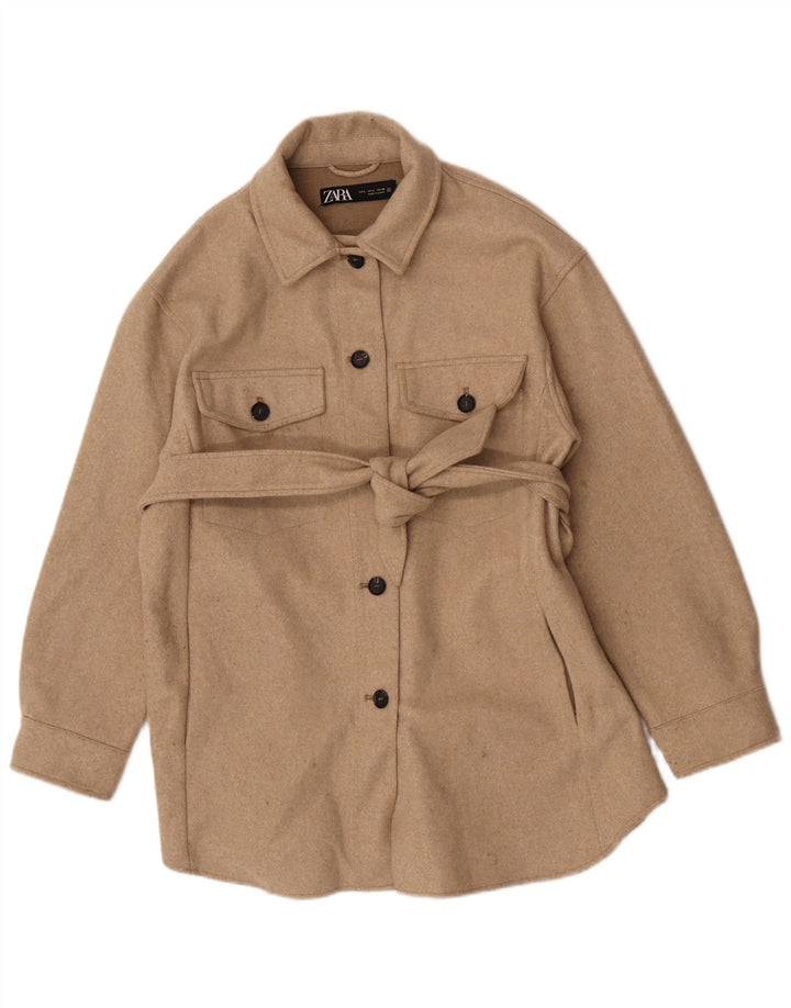 Женская куртка-рубашка Zara UK 14, большая, бежевая, полиэстер