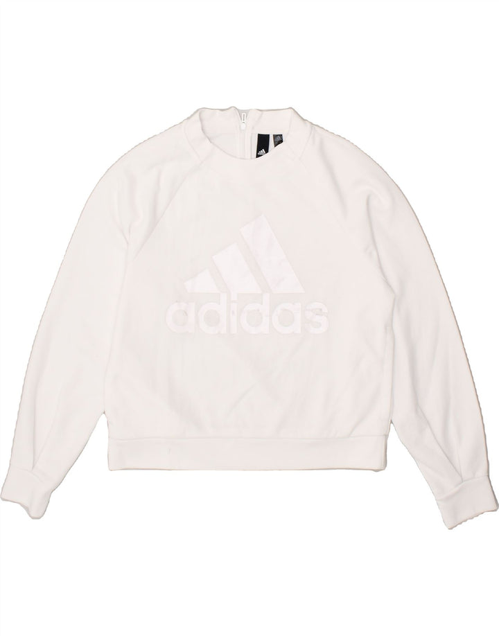 ADIDAS Womens Oversized Crop Graphic Sweatshirt Jumper UK 8/10 Small White Vintage Adidas and Second-Hand Adidas from Messina Hembry 