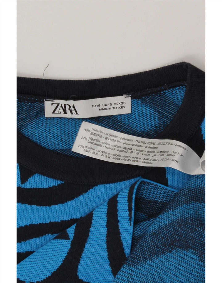 Женский укороченный топ Zara с абстрактным узором, длинный рукав, Великобритания, 8, маленький синий, полиэстер