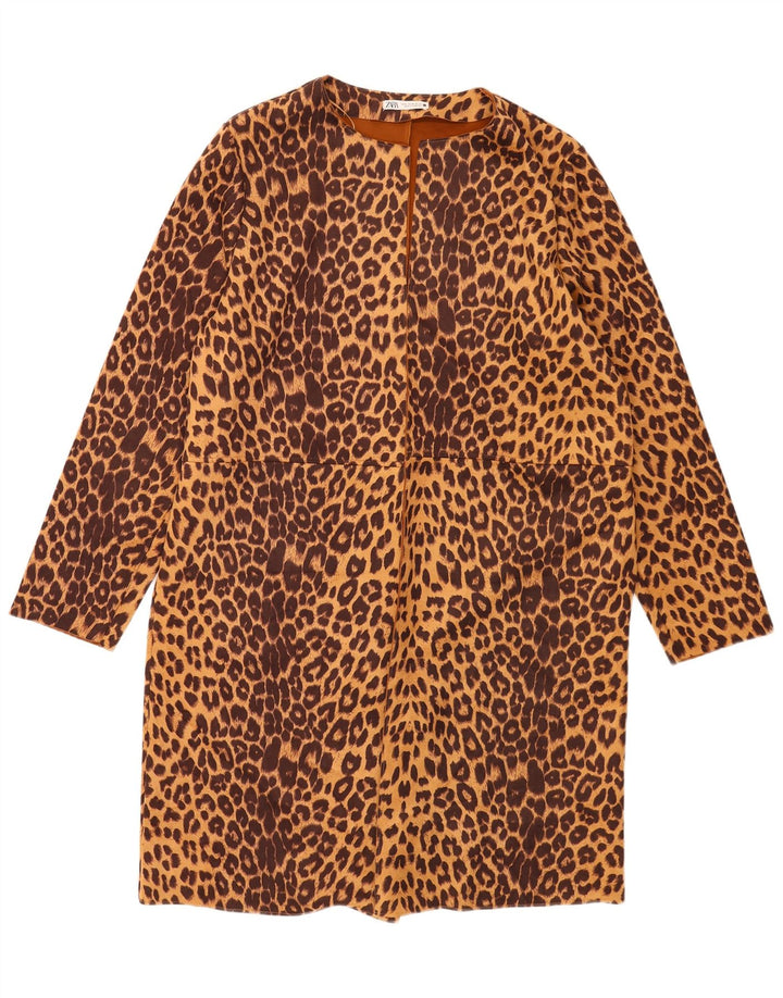 Zara Женское открытое пальто UK 18 XL Коричневое полиэстер с животным принтом